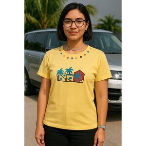 Vintage Bechamel Yellow Cotton T-Shirt Small Button Trim Palm Tree House